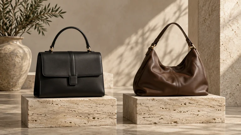Black structured bag beside a soft brown slouchy shoulder bag