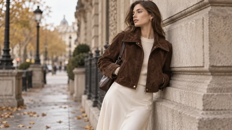 Woman wearing a brown suede-look jacket with cream separates