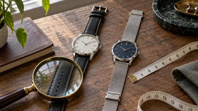 Leather and mesh watches next to a measuring tape on a desk
