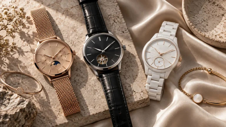 Leather, mesh, and ceramic-style watches arranged on stone and silk