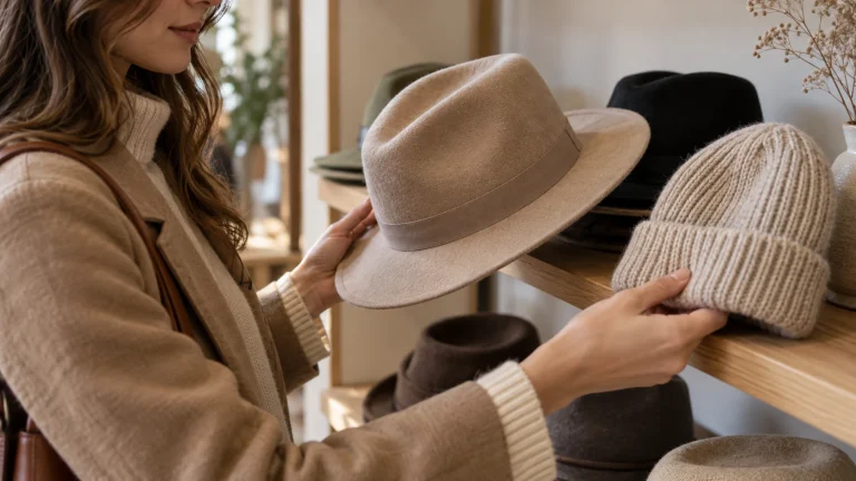 Woman comparing a beige felt hat with a knitted beanie