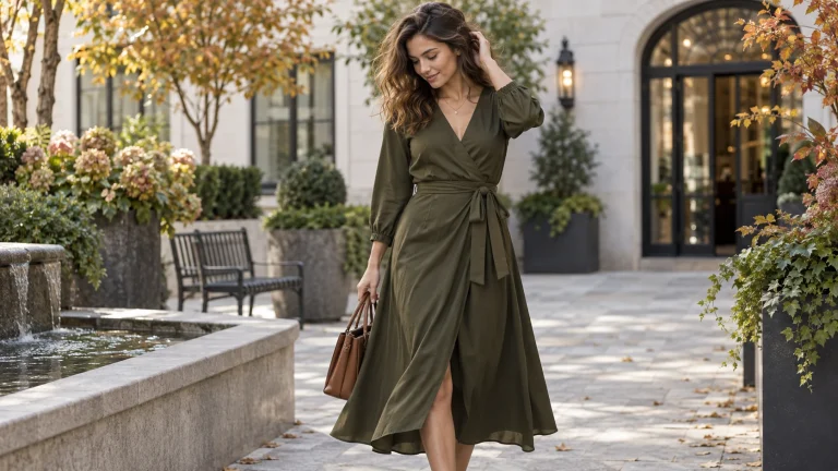 Woman wearing an olive wrap midi dress with an adjustable waist tie