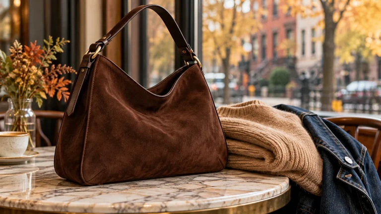 Brown suede-look handbag on a café table with camel knitwear and dark denim
