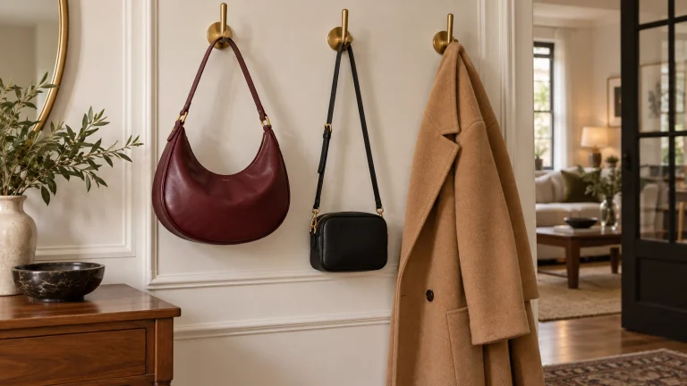 Burgundy and black shoulder bags beside a camel coat on wall hooks