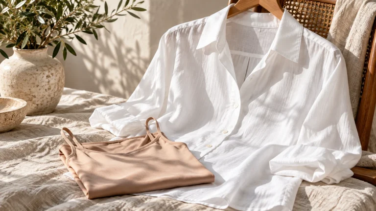White blouse laid beside a neutral camisole in natural light