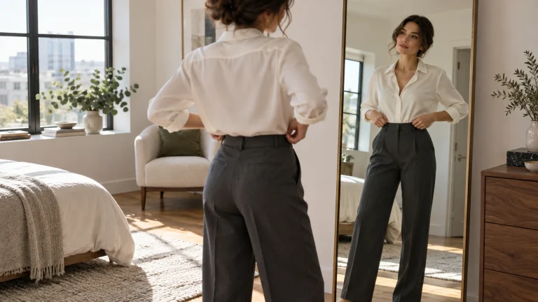 Woman adjusting a white blouse tuck in gray trousers before a mirror