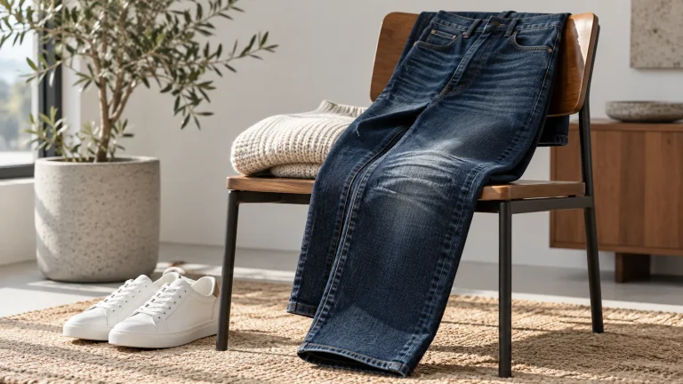 Dark blue jeans draped over a chair with visible knee creases