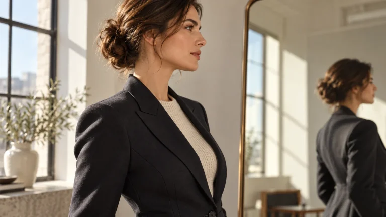 Woman wearing a black blazer over a thin cream knit beside a mirror
