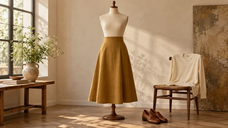 A-line midi skirt on dress form with interchangeable shoes and top nearby