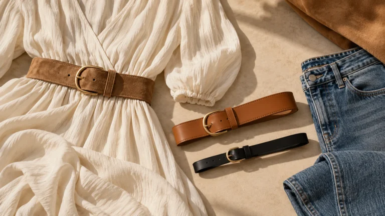 Three women's belts of different widths beside cream dress and blue jeans