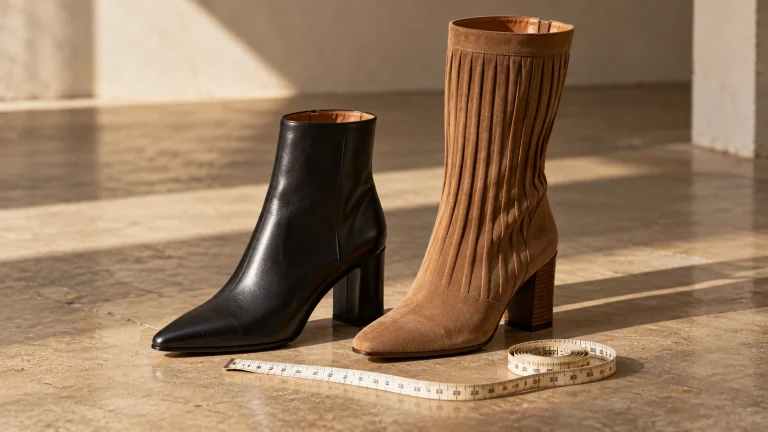 Ankle and mid-calf boots alongside a tape measure, no model