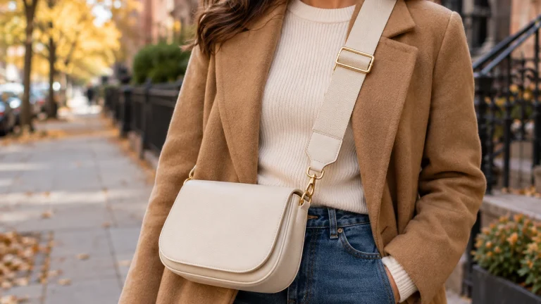 Close-up of a woman wearing a wide crossbody strap