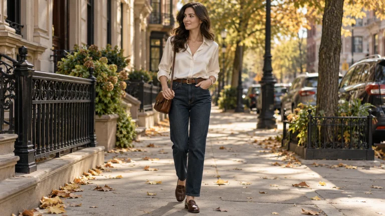 Woman in ivory blouse, dark jeans, brown belt and loafers