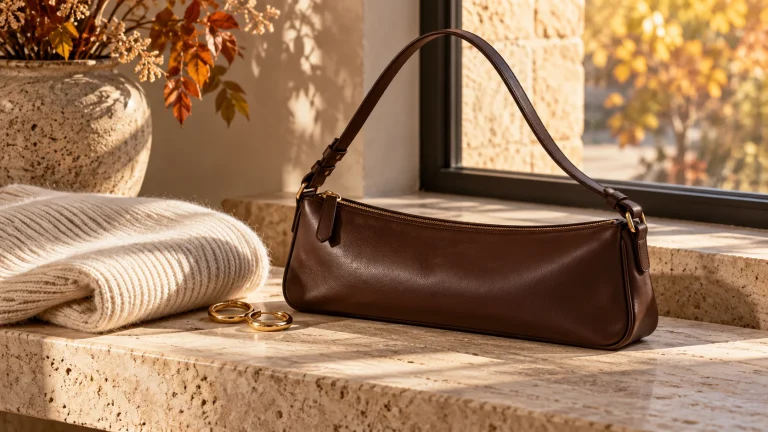 Chocolate elongated shoulder bag on a stone bench with cream knitwear