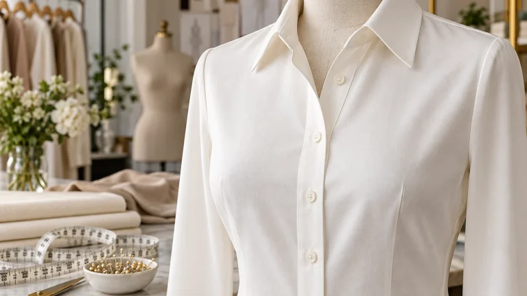 Ivory button-down blouse on a dress form, close-up of placket