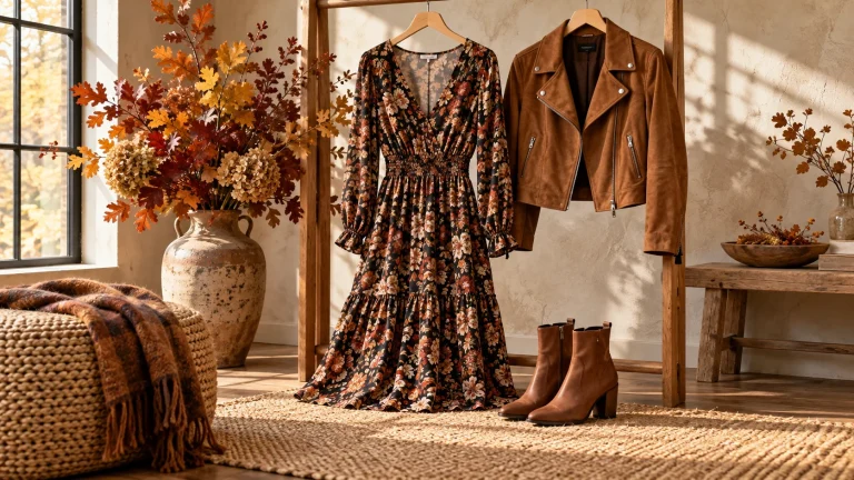 Single floral midi dress on a wooden hanger with boots and a suede jacket nearby