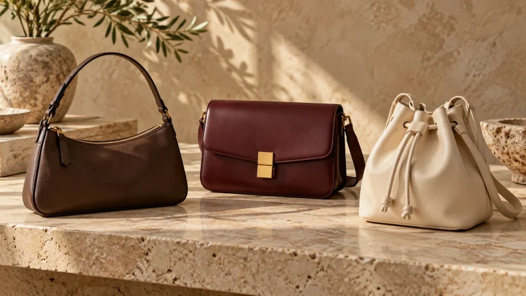 Three distinct handbags with zipper, flap, and drawstring closures on a stone tabletop