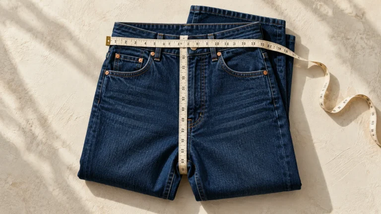Close-up of folded indigo high-rise jeans with tape measure showing waistband and rise