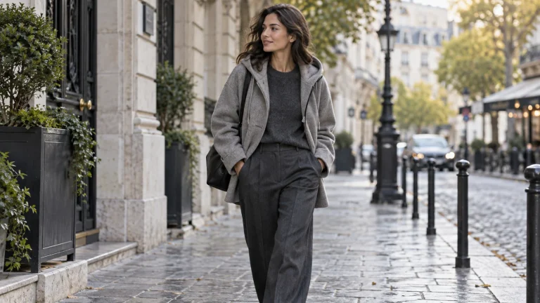Single woman in gray hooded jacket and tailored trousers walking city street