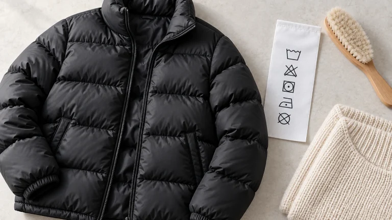 Quilted jacket hanging neatly in a bright laundry room