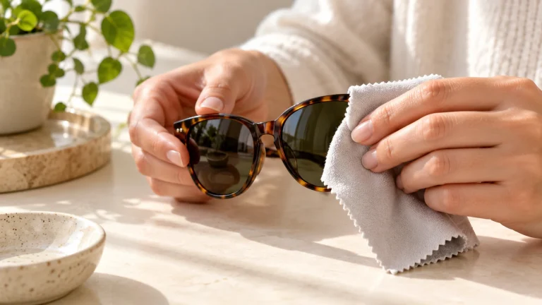 Hands gently cleaning sunglasses with microfiber cloth on a cream table