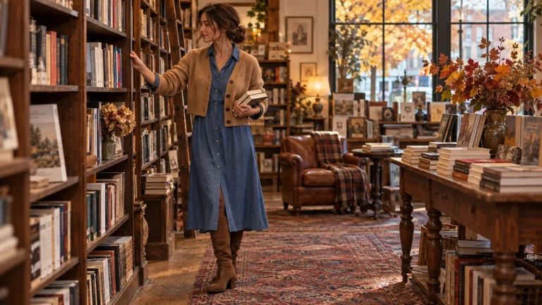 Woman wearing blue shirt dress with short cardigan and boots