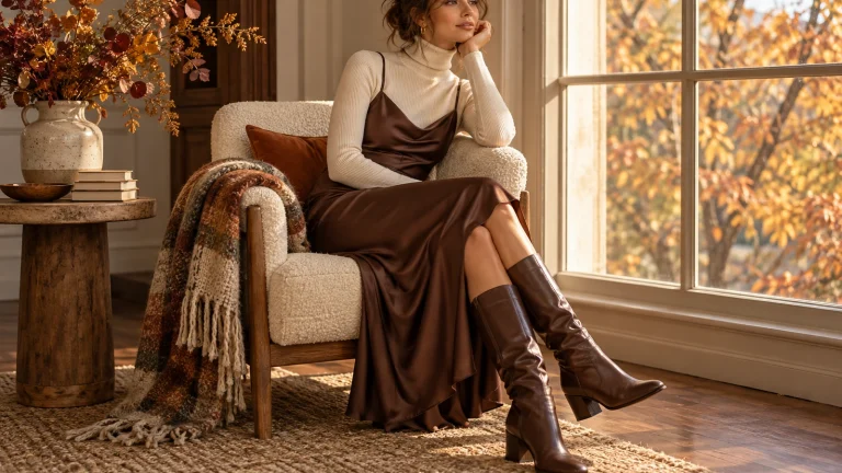 Woman wearing a brown sleeveless dress over a cream turtleneck