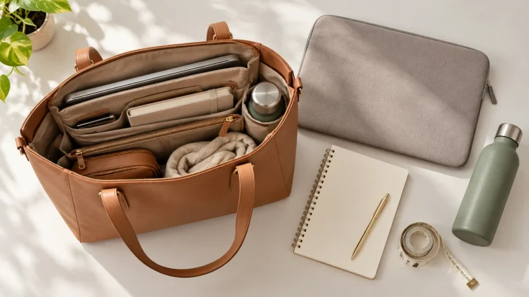 Open work tote beside a measuring tape, laptop sleeve, notebook, and bottle