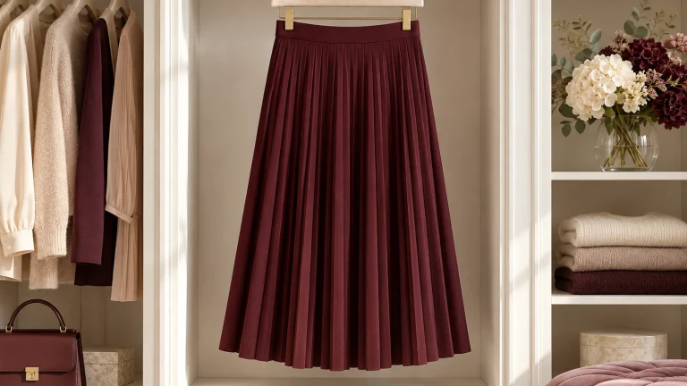 Pleated midi skirt hanging with space in an orderly closet