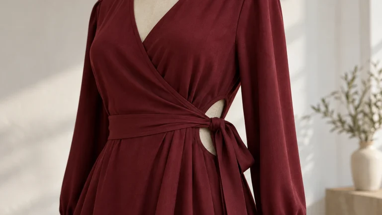 Burgundy wrap dress on a dress form with waist tie