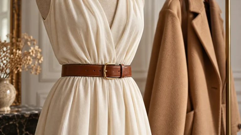 Close editorial detail of one belt over a cream dress and a second folded coat