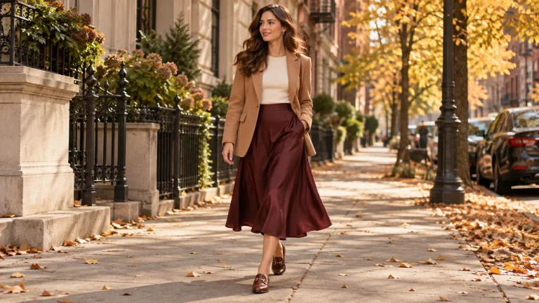 Woman wearing a camel blazer with a burgundy midi skirt on a city sidewalk
