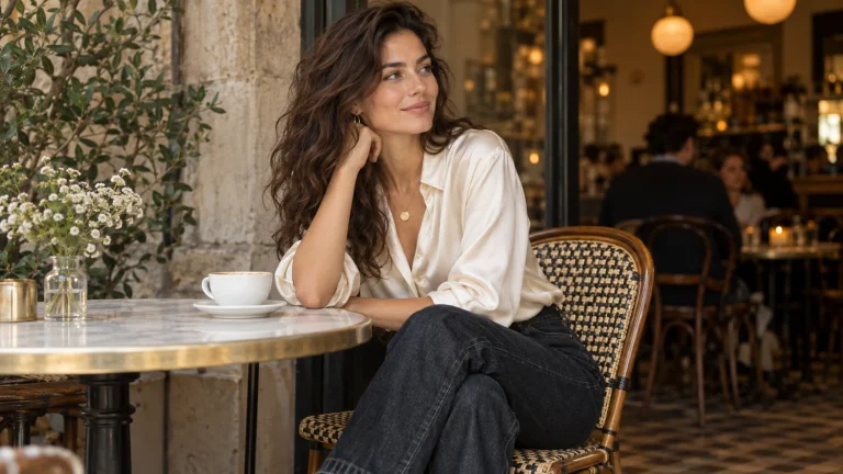 Single woman in ivory satin blouse with relaxed denim at a cafe table