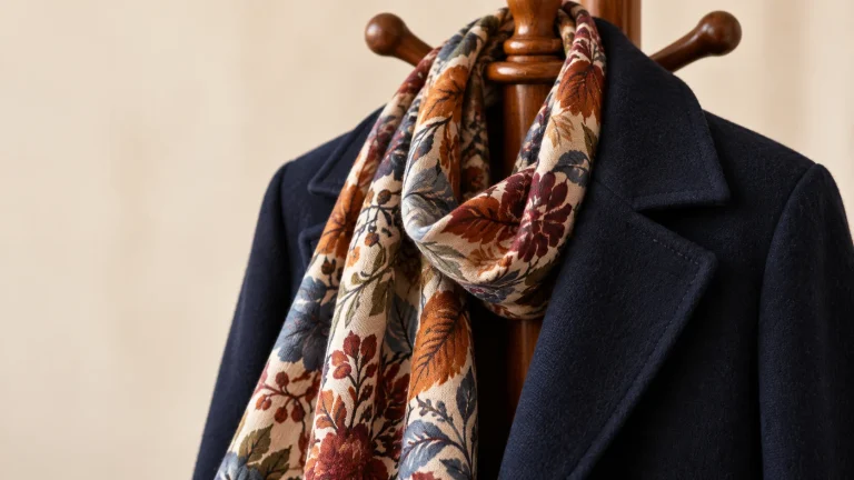 Patterned scarf draped through lapel of navy coat