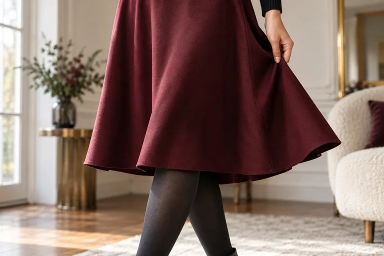 Editorial close-up of midi skirt hem and tights texture in soft window light