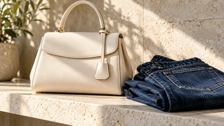 Cream handbag beside dark denim on a wooden chair