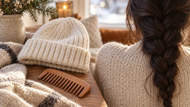 Knit beanie beside a comb and winter scarf on a table