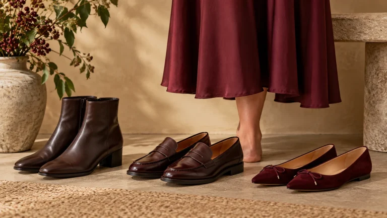 Ankle boot, loafer, and flat arranged beside burgundy midi dress hem