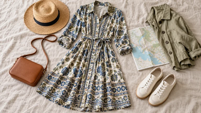 Travel flat lay with patterned midi dress, sneakers, compact crossbody, and map