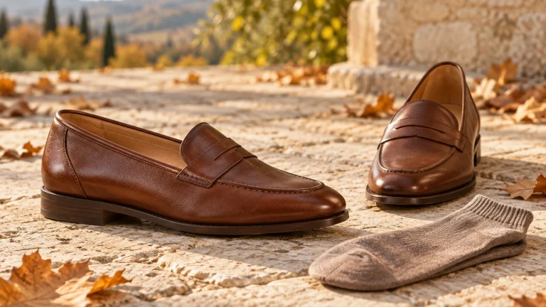 Close-up of a loafer at the heel on a studio floor