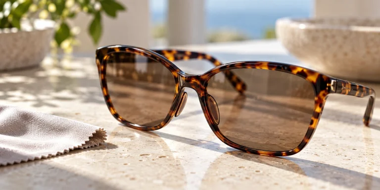 Single pair of sunglasses photographed close-up on a woman