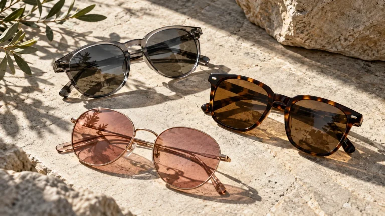 Overhead still life of sunglasses with gray, brown, and rose lenses on pale stone