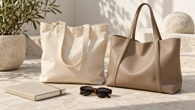 Canvas tote and soft shoulder bag beside a notebook and sunglasses