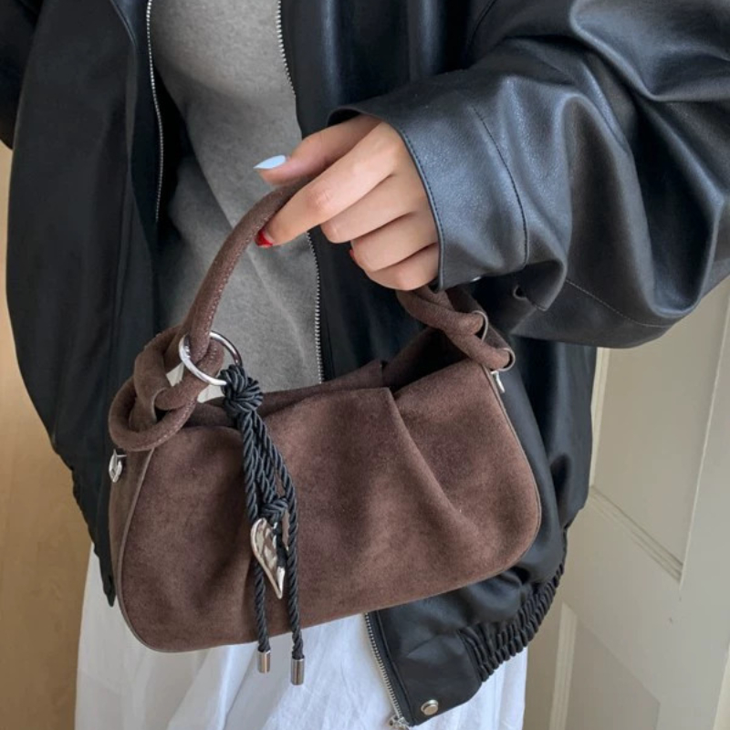 trysho-bucket-featured Small faux suede bucket shoulder bag with ruched detail