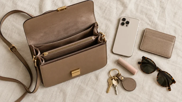 Open mini crossbody beside phone, keys, cardholder, lip balm and sunglasses