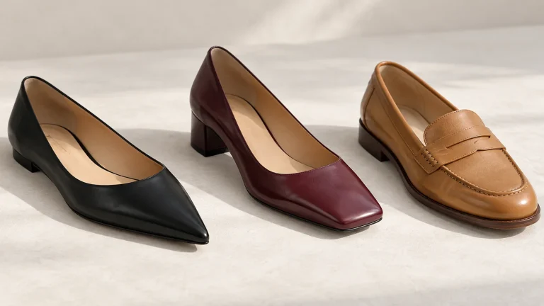 Pointed black flat, square burgundy heel, and round tan loafer