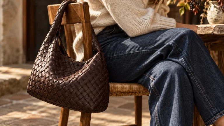 Close-up editorial still life of a dark woven handbag against indigo denim and cream knit